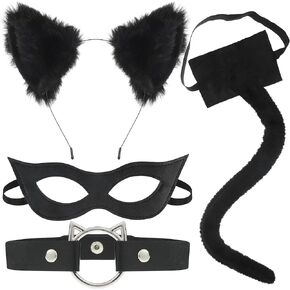Black Cat Costume Accessories Black Cat Ears and Tail Costume Set for Women Halloween Masquerade Mask Cat Ears Tail Choker Necklace for Women Halloween Cat Costume Party Supplies, 4 Pcs