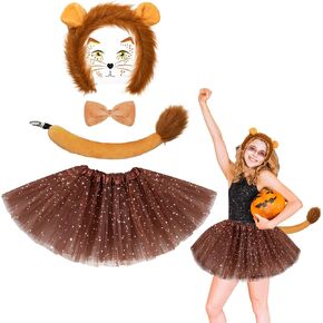 5 Piece Lion/Tiger/Dalmatian Costume Set Headband Tail Face Sticker and Tutu for Women Girls Halloween Cosplay