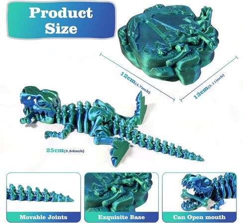 3D Printed Dinosaur Bones, Full Articulated T-Rex with Base, Excavate Prehistoric Fossils, Dinosaur Toys, Adults Fidget Toys for Autism/ADHD, Educational Toys, Desk Decor Gifts (Blue-Green) in Saudi Arabia