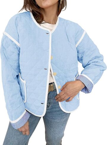 Tankaneo Womens Quilted Jackets Lightweight Packable Puffer Coat Collarless Button Down Winter Outerwear in Saudi Arabia