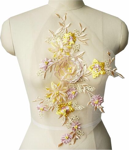 Lace Fabric 3D Flowers Appliques Beads Rhinestones Embroidery Sew Patch for DIY Wedding Decoration Dress (Yellow) in Saudi Arabia