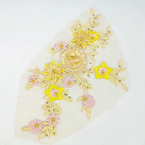 Lace Fabric 3D Flowers Appliques Beads Rhinestones Embroidery Sew Patch for DIY Wedding Decoration Dress (Yellow) in Saudi Arabia