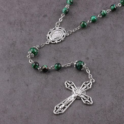 قلادة مسبحة كاثوليكية من الخرز الزجاجي مقاس 6 مم مع ميدالية مريم العذراء وصليب in Kuwait