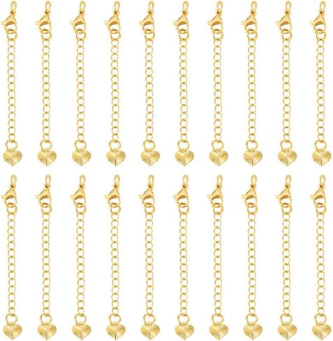 Beebeecraft 1 صندوق 20 قطعة سلسلة سوار موسع 18K مطلية بالذهب مجوهرات موسع كبح سلسلة تمديد مع مشابك مخلب جراد البحر وعلامات تبويب سلسلة القلب للقلادة DIY صناعة المجوهرات الحرف اليدوية in Saudi Arabia