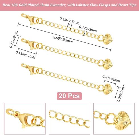 Beebeecraft 1 صندوق 20 قطعة سلسلة سوار موسع 18K مطلية بالذهب مجوهرات موسع كبح سلسلة تمديد مع مشابك مخلب جراد البحر وعلامات تبويب سلسلة القلب للقلادة DIY صناعة المجوهرات الحرف اليدوية in Saudi Arabia