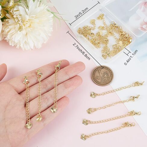 Beebeecraft 1 صندوق 20 قطعة سلسلة سوار موسع 18K مطلية بالذهب مجوهرات موسع كبح سلسلة تمديد مع مشابك مخلب جراد البحر وعلامات تبويب سلسلة القلب للقلادة DIY صناعة المجوهرات الحرف اليدوية in Saudi Arabia