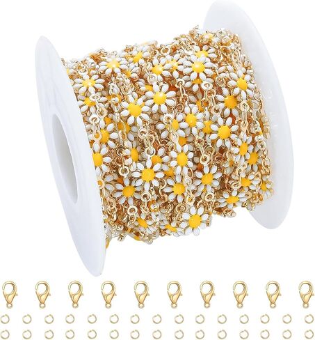 CREATZONE 16.8 قدم سلاسل ديزي المينا البيضاء مطلية بالذهب زهرة سلاسل المجوهرات النحاس سلسلة ربط الكابل مع بكرة لقلادة سوار DIY صنع in Kuwait