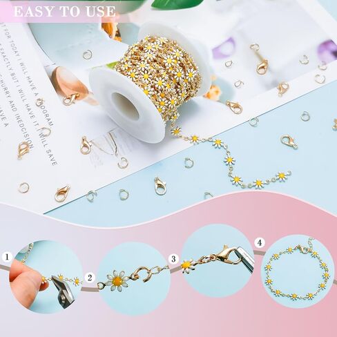 CREATZONE 16.8 قدم سلاسل ديزي المينا البيضاء مطلية بالذهب زهرة سلاسل المجوهرات النحاس سلسلة ربط الكابل مع بكرة لقلادة سوار DIY صنع in Kuwait