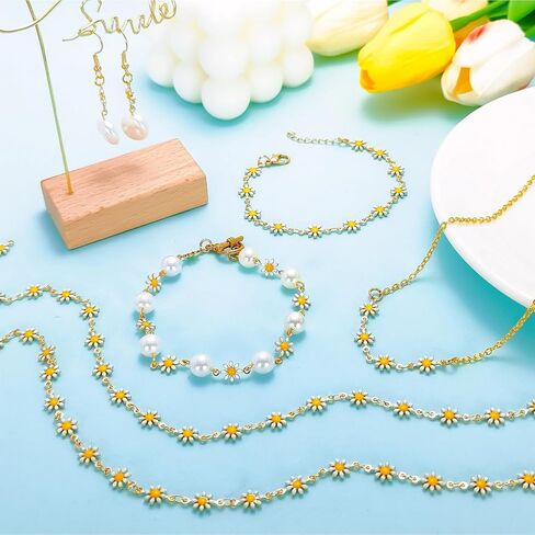 CREATZONE 16.8 قدم سلاسل ديزي المينا البيضاء مطلية بالذهب زهرة سلاسل المجوهرات النحاس سلسلة ربط الكابل مع بكرة لقلادة سوار DIY صنع in Kuwait