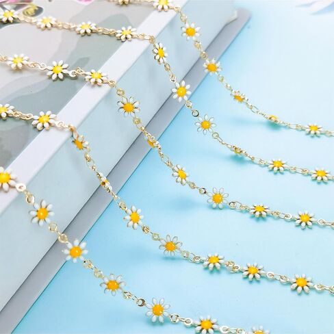 CREATZONE 16.8 قدم سلاسل ديزي المينا البيضاء مطلية بالذهب زهرة سلاسل المجوهرات النحاس سلسلة ربط الكابل مع بكرة لقلادة سوار DIY صنع in Kuwait