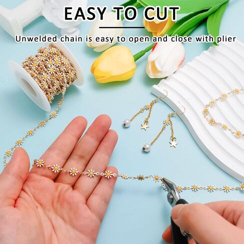 CREATZONE 16.8 قدم سلاسل ديزي المينا البيضاء مطلية بالذهب زهرة سلاسل المجوهرات النحاس سلسلة ربط الكابل مع بكرة لقلادة سوار DIY صنع in Kuwait