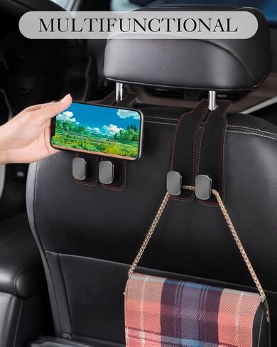 Car Seat Hooks for Headrest, Soft Premium Leather Car Purse Hook with Double Metal Hooks, Car Seat Back Storage Hook for Purses and Bags (Black -2 Pack) in Saudi Arabia