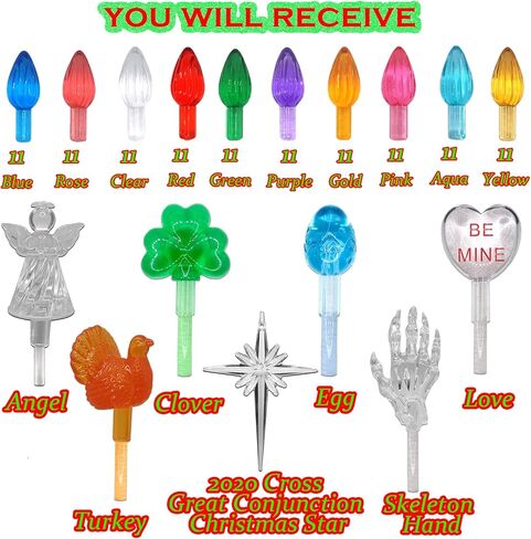 110Pcs in 10 Colors Ceramic Christmas Tree Replacement Lights - Plastic Bulbs Pegs, Included Angel Topper/Heart Top/Cross Stars/Egg/Turkey/Skeleton Hand/Clover. in Saudi Arabia