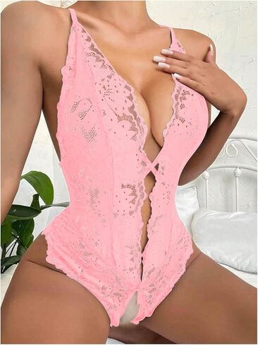 SOLY HUX Women's Floral Lace Criss Cross Backless Teddy Lingerie Bodysuit Babydoll in Kuwait