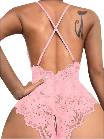SOLY HUX Women's Floral Lace Criss Cross Backless Teddy Lingerie Bodysuit Babydoll in Kuwait