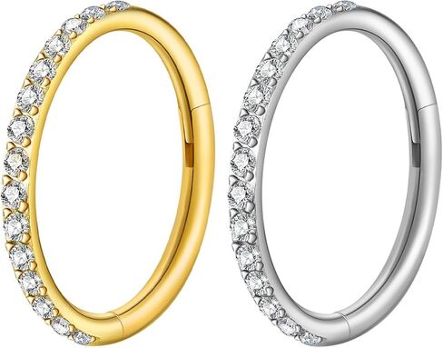 2Pcs Titanium & 316L Steel Nose Ring Hoops, Gold/Silver Cartilage Earrings for Men & Women - Septum, Tragus, Conch, Helix, Daith, Lip Piercing Jewelry with CZ Accent in Saudi Arabia