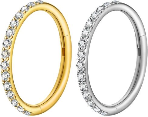 2Pcs Titanium & 316L Steel Nose Ring Hoops, Gold/Silver Cartilage Earrings for Men & Women - Septum, Tragus, Conch, Helix, Daith, Lip Piercing Jewelry with CZ Accent in Saudi Arabia