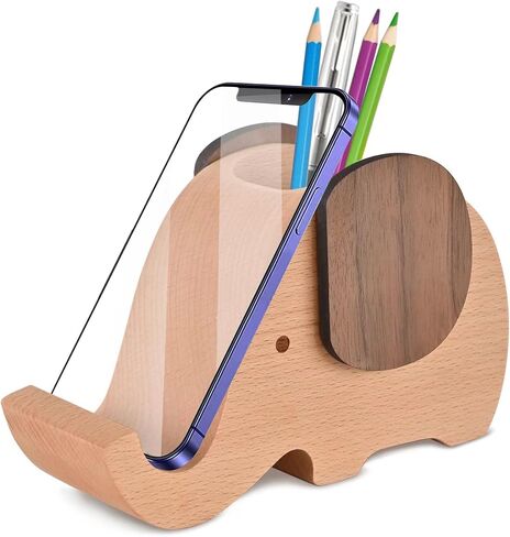 AhfuLife Wooden Elephant Cell Phone Holder/Stand with Pen&Pencil Holder/Pot, Desk Decoration Multi-functional Supplies Stationery Organizer, Christmas Gift Birthday Graduation Gift in Saudi Arabia