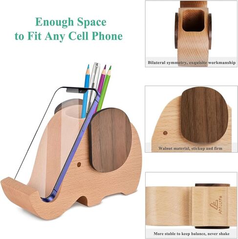AhfuLife Wooden Elephant Cell Phone Holder/Stand with Pen&Pencil Holder/Pot, Desk Decoration Multi-functional Supplies Stationery Organizer, Christmas Gift Birthday Graduation Gift in Saudi Arabia