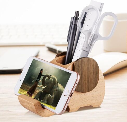AhfuLife Wooden Elephant Cell Phone Holder/Stand with Pen&Pencil Holder/Pot, Desk Decoration Multi-functional Supplies Stationery Organizer, Christmas Gift Birthday Graduation Gift in Saudi Arabia