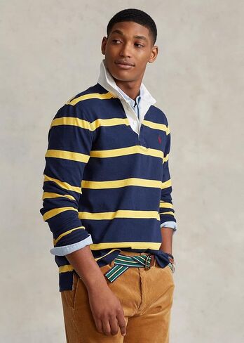 قميص رجبي مخطط بأكمام طويلة للرجال من POLO RALPH LAUREN (ذهبي، كحلي، مقاس نحيف مخصص، S) in Saudi Arabia