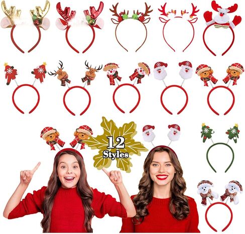 عصابات رأس عيد الميلاد من بارتي ويند لديكورات الحفلات، أزياء عطلة عيد الميلاد اللطيفة للأطفال البالغين، هدايا لوازم حفلات عيد الميلاد مع عصابة رأس سانتا قرن الرنة (12 نمطًا) in Kuwait