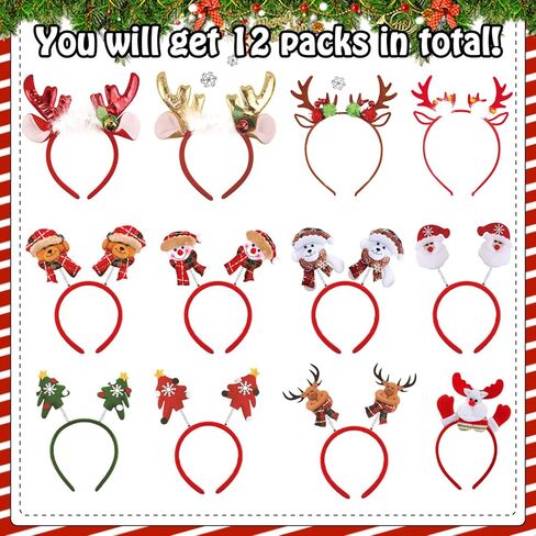عصابات رأس عيد الميلاد من بارتي ويند لديكورات الحفلات، أزياء عطلة عيد الميلاد اللطيفة للأطفال البالغين، هدايا لوازم حفلات عيد الميلاد مع عصابة رأس سانتا قرن الرنة (12 نمطًا) in Kuwait
