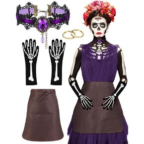 4 Pcs Halloween Costume Accessory Includes Long Arm Full Finger Skeleton Gloves, Gothic Purple Lace Necklace, Gold Round Hoop Earrings, Brown Apron for Women Adults Accessory Party Cosplay