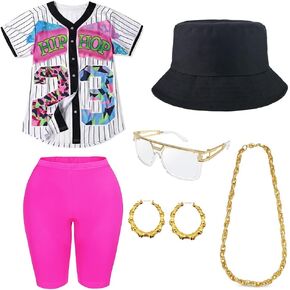 Gionforsy 80s 90s Outfit for Women, Hip Hop Rapper Costume Accessories Baseball Jersey Shirt Bucket Hat Yoga Pants Gold Chain