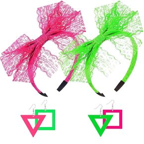 80s Earrings and Headband Set - 4pk, 80 Accessories for Halloween Costume | 80s Neon Earrings | 80s Lace Bow Hair Accessories | Retro 80s Outfit for Women Girls