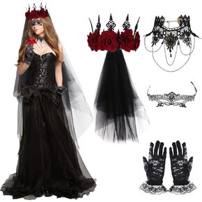 5 Pcs Halloween Ghost Costume Accessories Vintage Rose Crown Gothic Floral Headband Black Veil Gothic Lace Necklace Gloves Eyemask Prom Mask for Halloween Bride Cosplay Costume Party