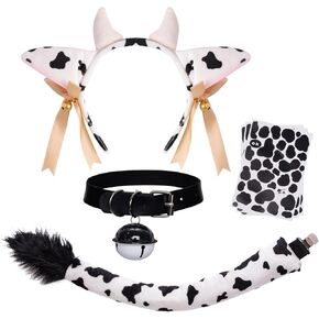 Fumwase 8 Pcs Cow Costume Set Cow Ears Headband Bell Choker Tail 5 Sticker Cosplay Accessories Halloween Dress Up for Adult