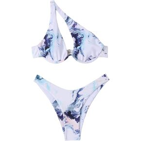 WDIRARA Women's Cut Out One Shoulder Printed Bikini Set 2 Piece Swimsuits