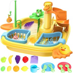 Play Sink with Running Water, 2 in 1 Kitchen Sink Toys Pool Floating Fishing Game with Automatic Water Cycle System, Cutting Food, Water Toys for Toddlers, Kids Role Play Dishwasher Toy