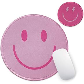 Small Round Travel Mouse Pad Cute Funny Mousepad Preppy Smile Face Mousepads with Coaster Non-Slip Rubber Base Stitched Edge for Wireless Computer for Office Home Gaming Laptop Women