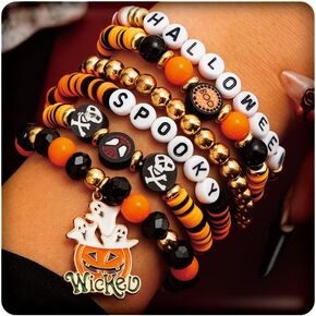 SUNFEEL Halloween Bracelets for Women Stackable Pumpkin Charm Bracelet Set Ghost Stretch Beaded Bracelets Halloween Party Bracelets for Halloween Accessories Jewelry