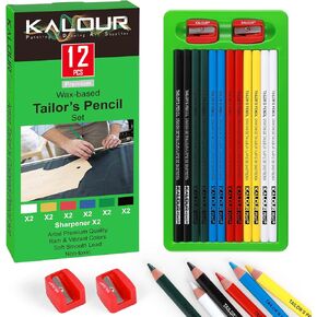 12 PCS Tailors Pencil Set, Sewing Fabric Pencils and Fabric Marker Pens for Quilting, Sewing, Dressmaking Supplies, Water-Soluble, 6 Colors, Includes 2 Sharpeners