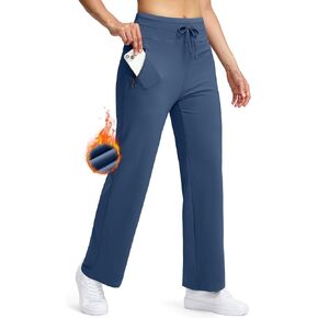 Soothfeel Women's Fleece Lined Sweatpants High Waisted Zipper Pockets Straight Wide Leg Winter Warm Thermal Lounge Pants