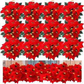 12 Sets Lighted Christmas Artificial Poinsettia Flowers Decorations Bulk 15.6 Inch Faux Red 7 Stems Velvet Poinsettia Floral for Indoor Outdoor Christmas Tree Ornament Home Porch Decorations