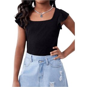 Girl's Ruffle Flutter Sleeve Square Neck T Shirts Slim Fit Ribbed Knit Tee Summer Tops