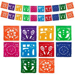 Mini Mexican Party Banners (2 Pack with 10 Small Plastic Flags per Banner) - Mini Papel Picado Banner - Papel Picado Mexicano Para Fiesta - Fiesta Themed Party Decorations - Mexican Decor