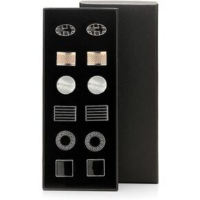 12 Pairs Cufflinks for Men Silver Black Striped Disc Square Rectangle Cuff Links Shirt Suit Men’s Cufflinks For Wedding Groom Business Elegant Gift Box