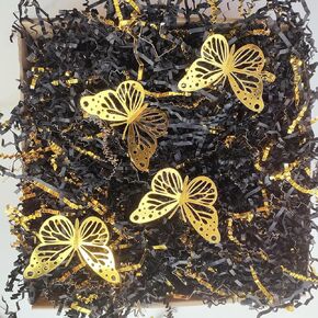 3OZ Crinkle Paper Shred with METALLIC GOLD Trim and Gold 3D Butterflies for Packaging Gift Box/Basket Filler Choose Color & Package amount