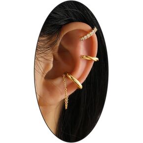 Gold Non Pierced Ear Cuffs Set for Women, Silver Cubic Zirconia Tassel Chain Helix Ear Clip,Dainty Simple Fake Cartilage Earrings