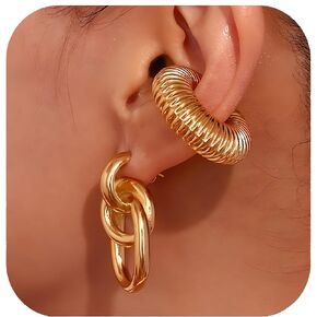 Chunky Gold Ear Cuffs Earrings,Gold Geometric Drop Dangle Earrings and Gold Cuff Clip on Cartilage Hoop Earring Set