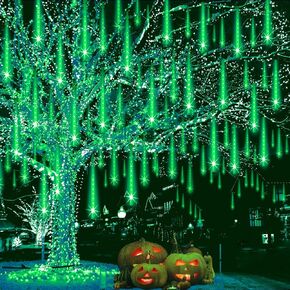 Halloween Lights Outdoor, Meteor Shower Lights Christmas Lights for Halloween Decorations, 8Tube 192LED Snow Falling Rain Icicle String Lights for Xmas Christmas Decor Tree Party,UL Plug Green