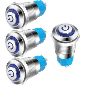 4pcs 12mm Latching Push Button Switch Raised Head Cable Aluminium Alloy 1NO 12V 24V 36V 110V 250V Waterproof IP65 Without LED (Black Shell)