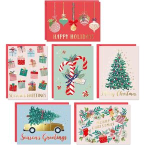 Christmas Cards Set - 24 Gold Foil Holiday Cards with Red Envelopes – 6 Assorted Designs Boxed for Easy Storage - Bulk Greeting and New Years Cards - 4.25"x5.75"