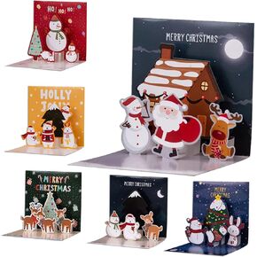 Christmas Cards, 6 Pack Small Pop Up Christmas Gift Card with Envelopes Stickers, 3D Cute Holiday Greeting Cards Santa Snowman Reindeer Xmas Tree Bulk Set Christmas Cards for Kids 4.3x4.3inch