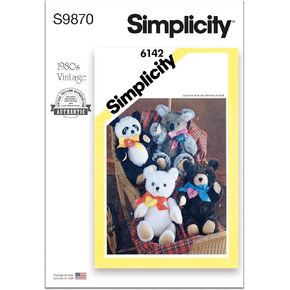 Simplicity Vintage 1980's Plush Panda, Koala, Polar, and Teddy Bears Sewing Pattern Packet, Design Code S9870, One Size, Multicolor